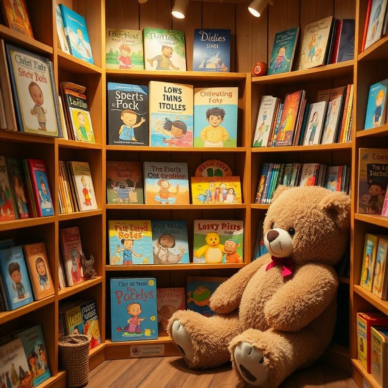 Children's books and a teddy bear in a cozy reading corner