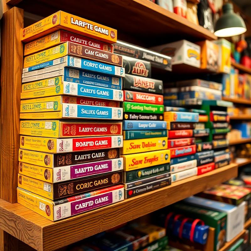 Stacks of board and card games on a wooden shelf